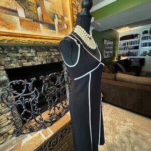 Lovely BCBG sleeveless Black tailored Dress with 2 vertical stripes, Size Small